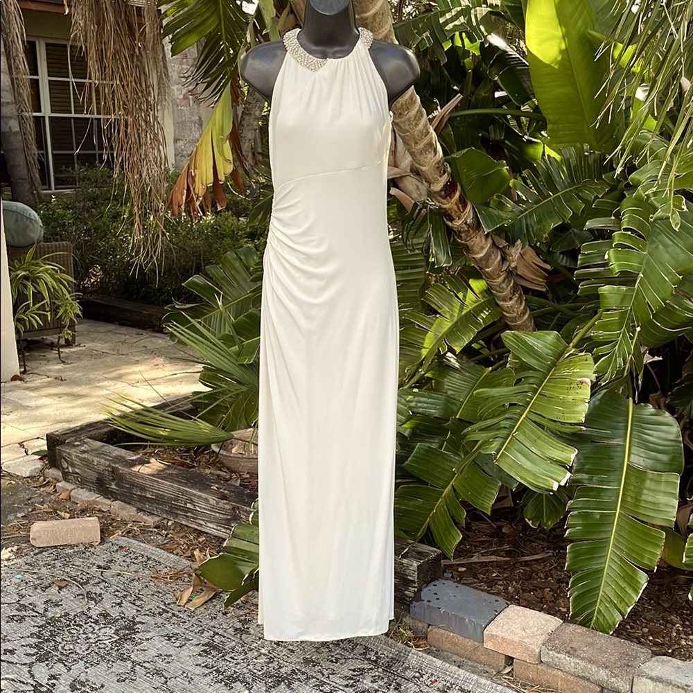 Ralph Lauren evening, beaded collar column, maxi dress with front slit